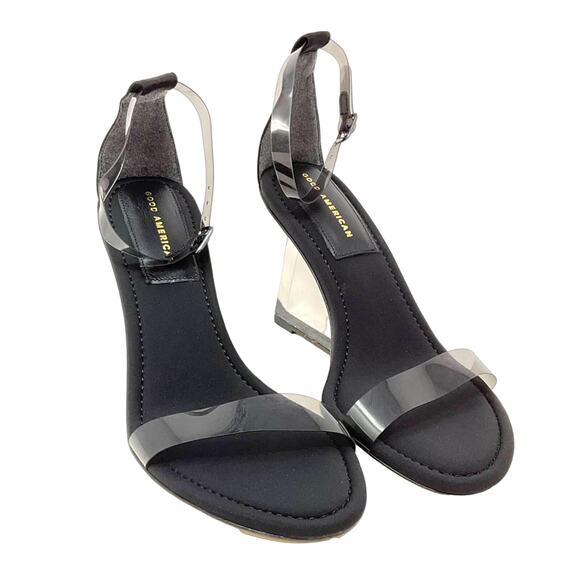 Good American Clear Wedge Slingback Sandals Size 12 Neoprene Black GA283P - Picture 1 of 9